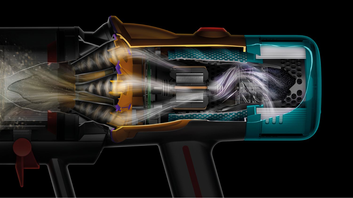 A cutaway of the Dyson V12 Detect Slim HEPA filter and cyclonic technology.
